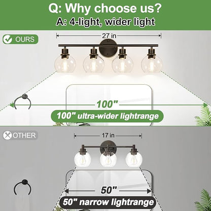 4-Light Bathroom Light Fixtures, Oil Rubbed Bronze Bathroom Lights Over Mirror with Clear Glass Globe Shade, Vanity Lights for Bathroom Kitchen Living Room Hallway Cabinet Bedroom Porch