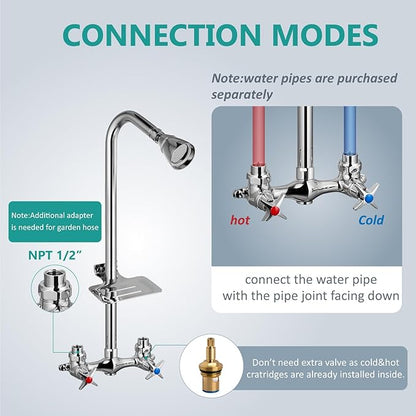 Aolemi Outdoor Shower Kit,Outdoor Shower Fixtures Faucet System with Brass Showerhead,Double Handle Exposed Shower with Brass Mix Valve,6 Inch Center with Soap Dish,Pipe Upward,Polish Chrome