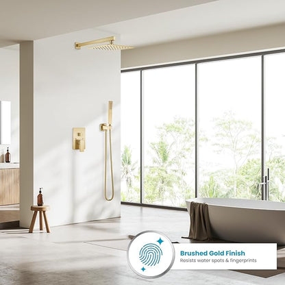gotonovo Rainfall Bathroom Shower System Rain Shower Head and Handle Set Wall Mounted Shower Complete Combo Solid Brass Pressure Balancing Shower Mixer Valve 10 Inch Brushed Gold