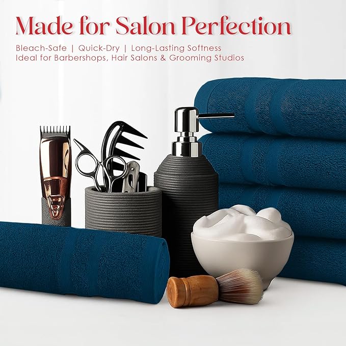 RIVERSIDE Pack of 24 Salon Towels Set – 16 x 26 Inches, 100% Ring Spun Cotton Highly Absorbent and Quick Dry Towels for Salon, Hand, Barber, Gym, Home & Hair Care, Navy