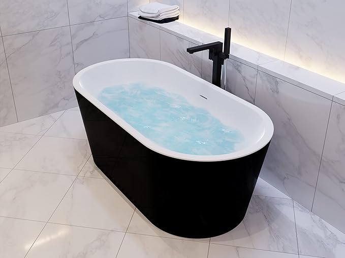 ANZZI 55 Inch Acrylic Freestanding Bathtub In Glossy White | Chand Pre-plumbed Solid Deep Soaker Tub With Built In Overflow And Drain | Soaking Stand Alone Tub 72 Gallons Capacity | FT-AZ098-55BK