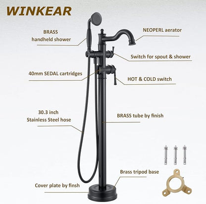 Freestanding Floor Mount Tub Filler with Handheld Shower Roman Bathtub Faucet by Matte Black Finish, Swivel Spout with Brass Rough-in and Water Hose