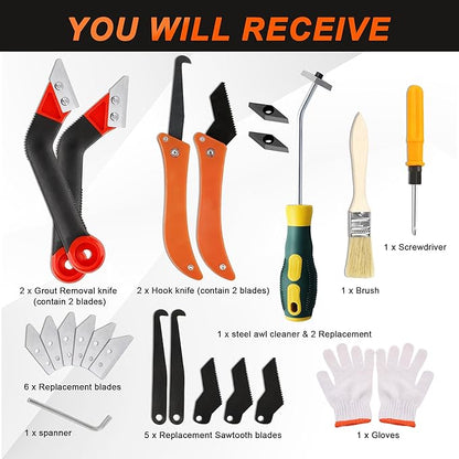 BDS-HOME 23 Pack Grout Removal Tool Kit, 2 Tile Grout Saws with 6 Extra Blades, 2 Hand Grout Saw with 5 Cleaning Sawtooth Blades, Hook Knife, for Bath Shower Floor Tile Grout Cleaning Caulk Remover