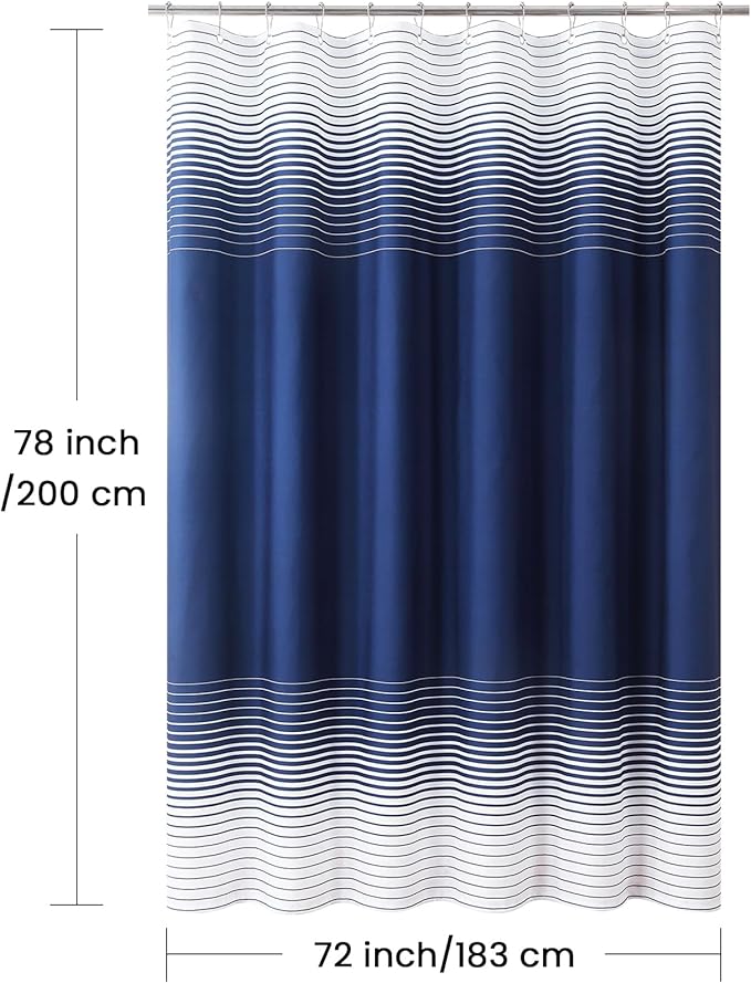 Blue Shower Curtain 78 Inches Long, Modern Navy Blue and White Gradient Horizontal Stripe Waterproof Polyester Shower Curtains for Bathroom, 72x78 Inches