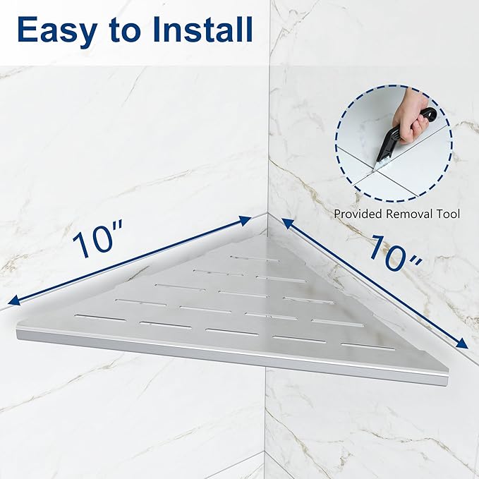 Corner Shower Shelves, 10” Recessed Tile Shower Shelf, 304 Stainless Steel Grout in Corner Tile Shower Shelves, No Drilling, Brushed Nickel, 2 Pack