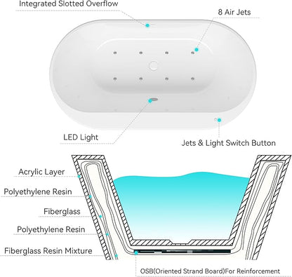 FerdY Mauritius 59 Inch Acrylic Freestanding Whirlpool Bathtub, Oval with 8 Water SPA Jets Morden White Stand Alone Jetted Tub, Luxury Acrylic Free Stand Deep Soaking Bath Tub