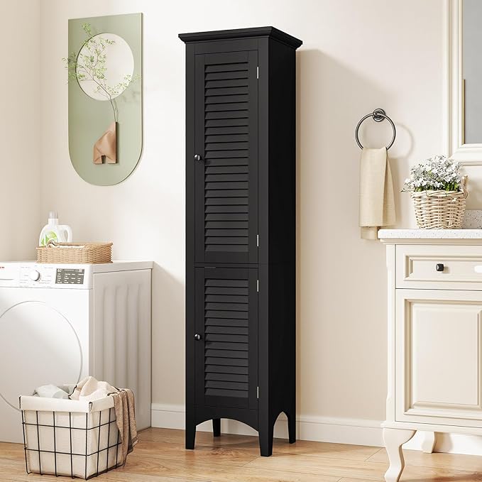 Tangkula 63" Tall Bathroom Storage Cabinet, Freestanding Narrow Linen Tower with Adjustable Shelf, Modern Slim Floor Cabinet with 2 Doors for Bathroom, Living Room, Kitchen (Black)
