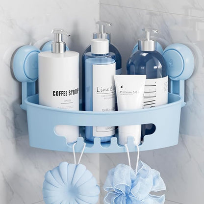 TAILI Corner Shower Caddy with Suction Cups, Wall Mounted Organizer Plastic Rack for Small Bathrooms, Kitchen, Removable Drill-Free Heavy Duty Shelf Basket, BLUE