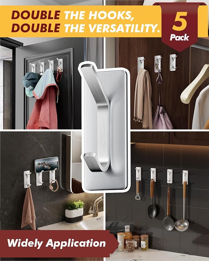 Auxmir Self Adhesive Hooks for Hanging 15lb, Stainless Steel Wall Hooks for Coat and Towel, Waterproof Oilproof Rustproof Adehesive Door Hanger for Bathroom Shower Kitchen Office RV, Silver, 5 Pack