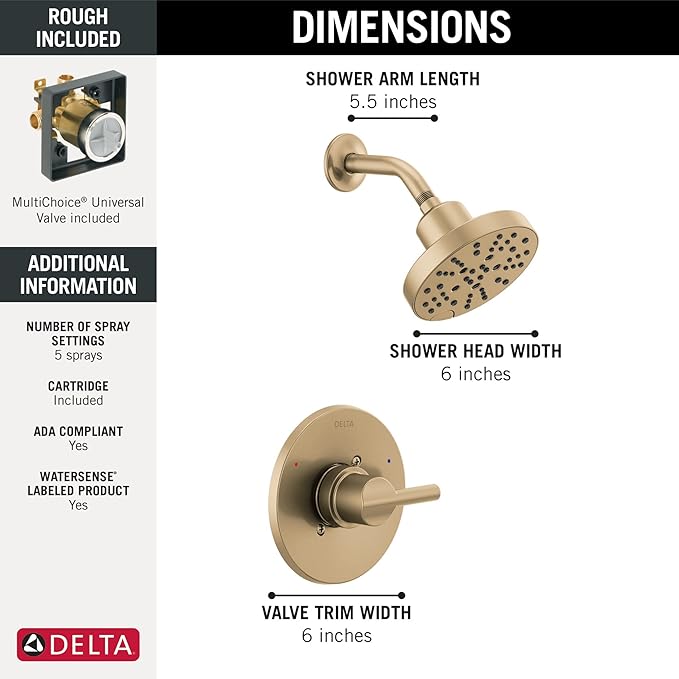 Delta Nicoli 14 Series H2Okinetic Shower Faucet Set, Brushed Gold Shower Head and Handle Set, Valve Trim Kit, Champagne Bronze 142749-CZ (Shower Valve Included)