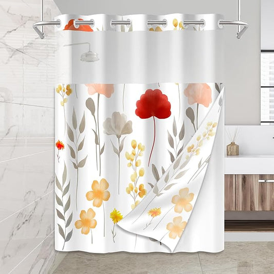 No Hook Shower Curtain Set with Snap in Fabric Liner for Bathroom,with See Through Top Window,Double Shower Curtain with Detachable Liner Replacement,Machine Washable,White Floral,71"x 74"