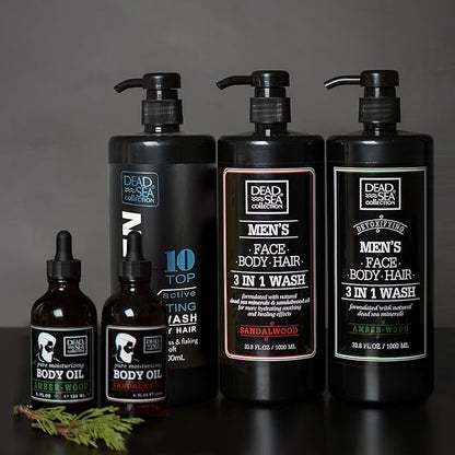 Dead Sea Collection Mens Body Wash 3 in 1 – Amber Wood Body Wash for Men – Shower Gel – Shampoo – Shower Soap for Face and Hair – Pack of 2 Bottles (33.8 Fl. Oz. Each)