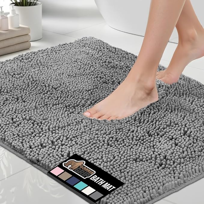 GORILLA GRIP Bath Rug Mat 54x24, Thick Soft Absorbent Chenille, Quick Dry Microfiber Mats, Rubber Backing Washable Shower Floor Rugs, Bathmat Runner, US Designed Bathroom Home Decor Accessories Grey