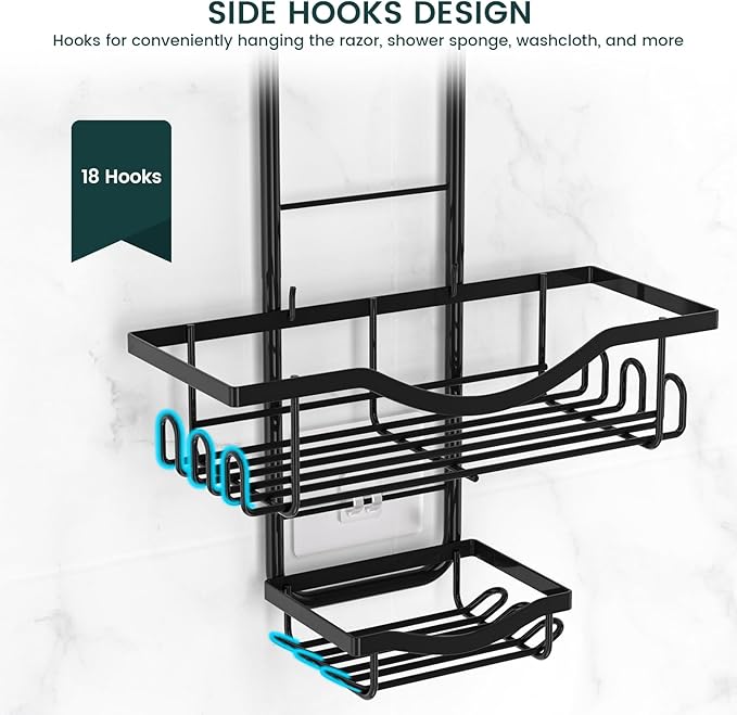 Shower Caddy Hanging Adjustable Shower Caddy, Rustproof Shower Organizer Extended Length Shower Caddy Over Shower Head with Hooks Soap Holder, Large Capacity Anti-Swing Bathroom Organizer, Black