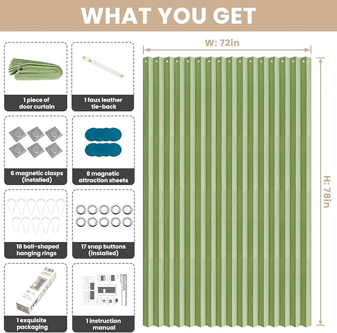 Accordian Door Curtain, 100% Blackout Folding Magnetic Doorway Curtains,Linen Style Closet Doors,for Room Divider,Privacy Protection（W72 x L78,Green,1 Panel）