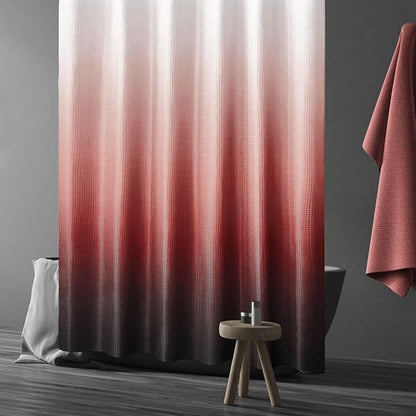 Gibelle Ombre Shower Curtain, Red Black Gradient Fabric Shower Curtain, Waffle Weave Textured Bathroom Curtains Shower Set with Hooks, Water Repellent and Machine Washable, 72 x 72