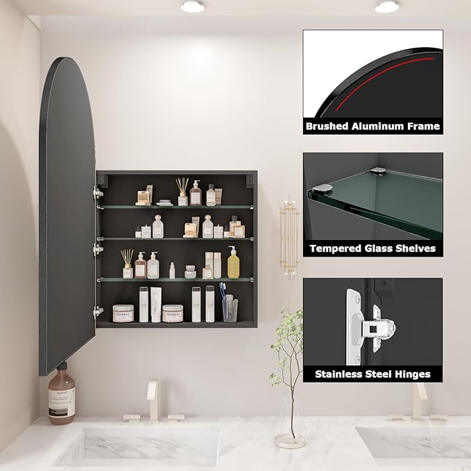 FKWin Black Bathroom Storage Cabinet for Left or Right Opening, Surface Mount Medicine Cabinet not Recessed, Modern Vanity Bathroom Mirror with Storage, Black, 24x36 inch