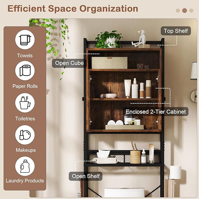Tangkula Over The Toilet Storage Cabinet, 5-Tier Space Saver Above Toilet with 2 Mesh Doors, Metal Stand, Toilet Paper Holder & Hook, Freestanding Bathroom Cabinet Organizer for Laundry, Rustic Brown