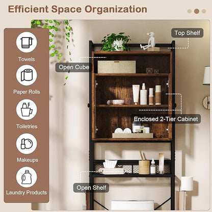 Tangkula Over The Toilet Storage Cabinet, 5-Tier Space Saver Above Toilet with 2 Mesh Doors, Metal Stand, Toilet Paper Holder & Hook, Freestanding Bathroom Cabinet Organizer for Laundry, Rustic Brown