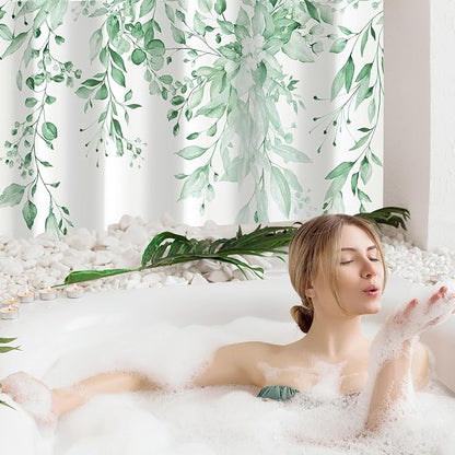 Gibelle Extra Long Shower Curtain 72 x 84, Tall Mint Green Floral Shower Curtain for Bathroom, Watercolor Plant Eucalyptus Leaves Fabric Shower Curtain Set