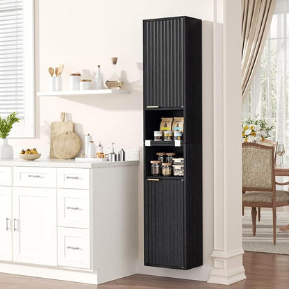59.1" Tall Slim Bathroom Storage Cabinet Black | Freestanding or Wall Mounted Modular Cabinet, Fluted Panel Linen Tower with Adjustable Shelves for Small Spaces