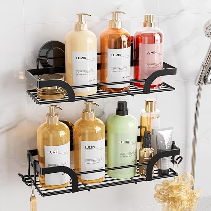 LEVERLOC 2 Pack Shower Caddy Suction Cup, Shower Shelves for Inside, Rustproof Metal Bathroom Storage NO-Drilling Bath Organizer with Large Capacity,Heavy Duty Storage Basket,Home Decor,Black