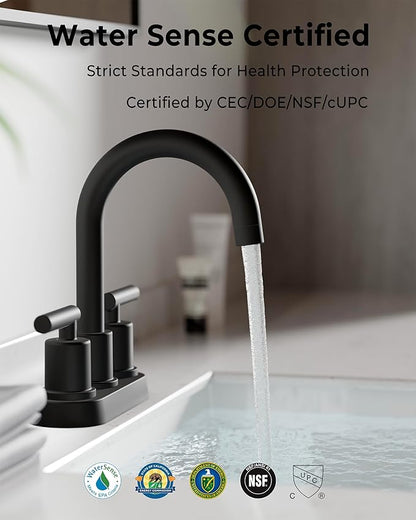 VXV Bathroom Sink Faucet 4 Inch 2 Handle Centerset Utility Lavatory Vanity Modern 360 Rotating Black Water Faucet with Pop-up Drain Stopper Assembly and Supply Lines Fits 2 Hole