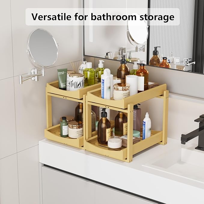 Bamboo Under Sink Organizer Adjustable Height 2 Tier Bathroom Organizer Pull Out Cabinet Storage Kitchen Heave Duty Wood Slide Ou Shelf for Kitchen Bathroom (Nature, 2 Packs)