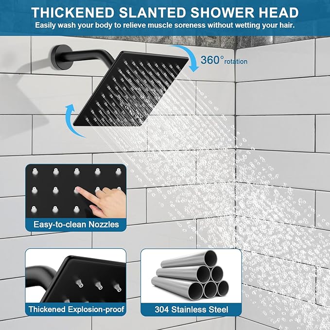 Shower Faucet Set Black Shower System, Ceiling Mount 12 Inch Shower Head With Wall Mount 6 Inch Shower Head and 2 in 1 Handheld Spray, Push Button Diverter Shower Valve Trim Kit Complete