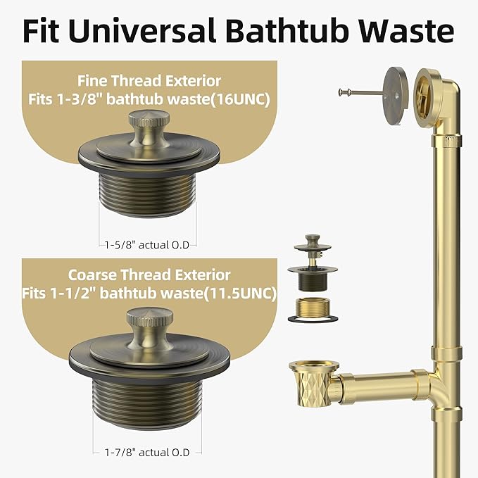 Antique Brass Bathtub Drain, Hair Catcher and 2-Hole Overflow Faceplate, 11.5/16 UNC, Lift and Turn Bathtub Drain Replacement, Tub Drain Stopper