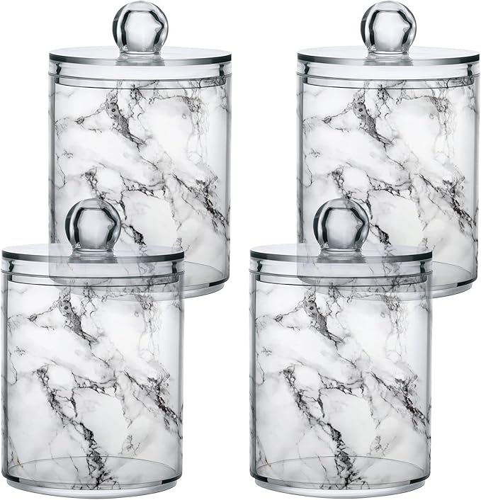 MNSRUU 4 Pack Qtip Holder Organizer Dispenser Stylish White Marble Texture Bathroom Containers Bathroom Vanity Storage Canister Apothecary Jars for Cotton Swabs/Pads/Floss