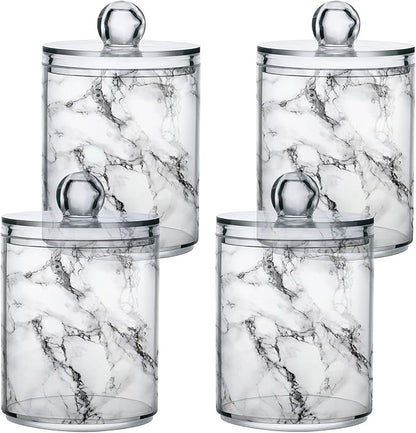 MNSRUU 4 Pack Qtip Holder Organizer Dispenser Stylish White Marble Texture Bathroom Containers Bathroom Vanity Storage Canister Apothecary Jars for Cotton Swabs/Pads/Floss