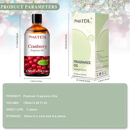 PHATOIL 3.38FL.OZ Cranberry Fragrance Oils for Aromatherapy, Essential Oils for Diffusers for Home, Perfect for Diffuser, Yoga, Skin Care, DIY Candle and Soap Making - 100ml