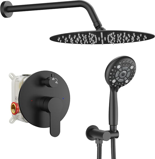 SR SUN RISE Shower Faucet - 12 Inch Multifunctional High Pressure Shower Head System with Handheld Shower Head Fixtures - Valve Included - Matte Black
