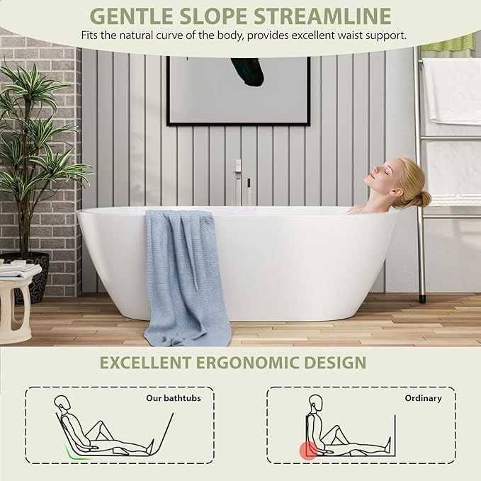 67" Acrylic Freestanding Bathtub - Mocoloo White Oval Shape Soaking Bath Tub with Stainless Drain and Overflow Assembly for Classic Modern Bathrooms