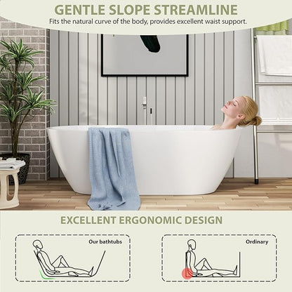 67" Acrylic Freestanding Bathtub - Mocoloo White Oval Shape Soaking Bath Tub with Stainless Drain and Overflow Assembly for Classic Modern Bathrooms