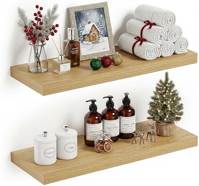 Vivelove Floating Shelves 24 inchs Long, Bathroom Shelves Over Toilet 9.1” Deep, Wall Mounted Wall Shelves for Bedroom, Living Room, Kitchen, Office, Rustic Home Decor, Oak, Set of 2