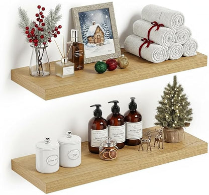 Vivelove Floating Shelves 24 inchs Long, Bathroom Shelves Over Toilet 9.1” Deep, Wall Mounted Wall Shelves for Bedroom, Living Room, Kitchen, Office, Rustic Home Decor, Oak, Set of 2