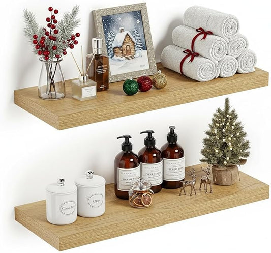 Vivelove Floating Shelves 24 inchs Long, Bathroom Shelves Over Toilet 9.1” Deep, Wall Mounted Wall Shelves for Bedroom, Living Room, Kitchen, Office, Rustic Home Decor, Oak, Set of 2