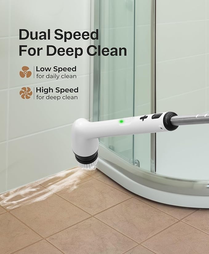 LyriFine Electric Spin Scrubber, New Full-Body IPX7 Waterproof Bathroom Cleaner Brush, Shower Scrubber with Long Handle & 2 Speed, Heads Replacement, Cleaning Supplies for Tub Shower Tile Floor