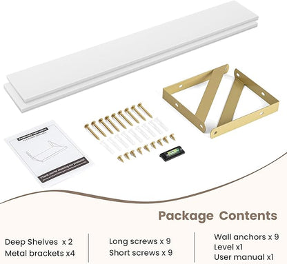 Dreamland 8 inch Deep Floating Shelves for Wall, 55 inch Long White Wall Mounted Shelves Set of 2, Wide Ledge Shelf with Gold Sturdy Metal Brackets for Living Room, Bathroom, Bedroom and Kitchen