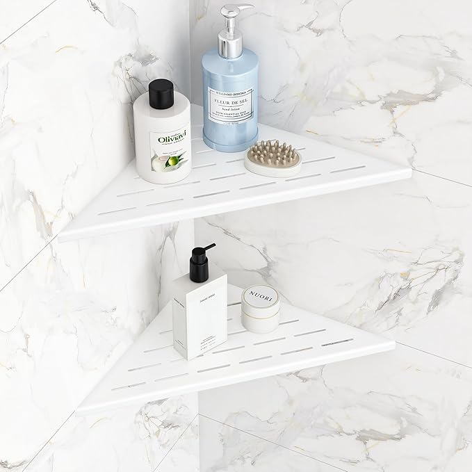 Corner Shower Shelves, 12” Recessed Tile Shower Shelf, 304 Stainless Steel Grout in Corner Tile Shower Shelves, No Drilling, Matte White, 2 Pack