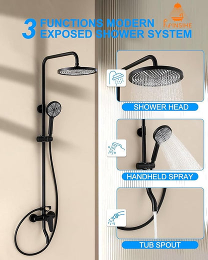 Outdoor Shower Fixture, Black Exposed Shower System with Tub Spout, Dial Thermometer Brass Valve, Wall Mount Outside Shower Faucet Combo with 10'' Rainfall Shower Head for Bath Backyard