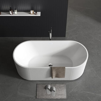 67" Acrylic Freestanding Soaking Bathtub, Matte Drain & Black Overflow, Contemporary Design Tub for Home Bathroom Renovations, Glossy White