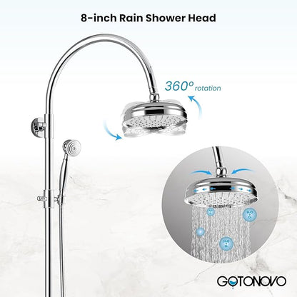 gotonovo Exposed Bathroom Shower System Classic Shower Kit 8 Inch Luxurious Rainfall Shower Head Handheld Spray Tub Filler Brass Pipe 3-Function Wall Mount Double Cross Knobs Polished Chrome