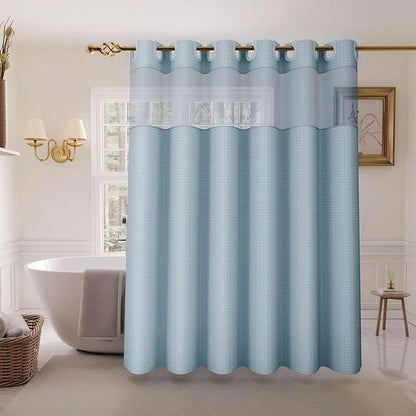 Inhousolu No Hook Shower Curtain with Snap in Fabric Liner Set Waffle Weave 230GSM Weighted Hem, Waterproof & Washable Bathroom Curtain Spa Luxury with Mesh Top Window 72" W x 72" L Teal
