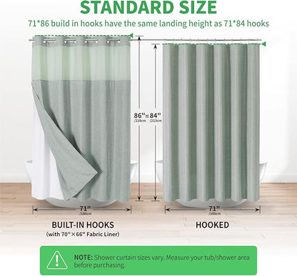 Extra Long No Hooks Needed Linen Textured Shower Curtain with Snap-in Fabric Liner Set,Sage Green Hotel Luxury Decor Shower Curtains for Bathroom,Waterproof & Washable,71Wx86H