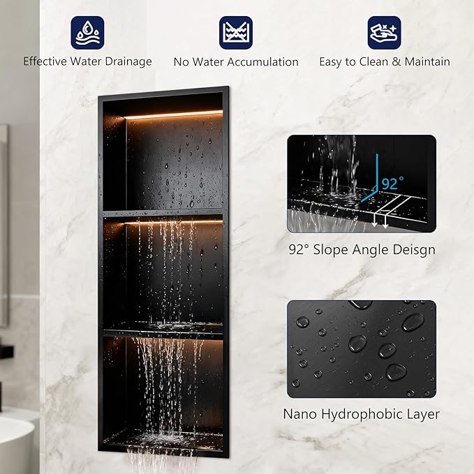 12" X 36" RGB LED Shower Niche No Tile Needed, 304 Stainless Steel Shower Niche Insert Tile Ready, Recessed Wall Shelf for Bathroom Storage Organizer with Remote Control, Matte Black