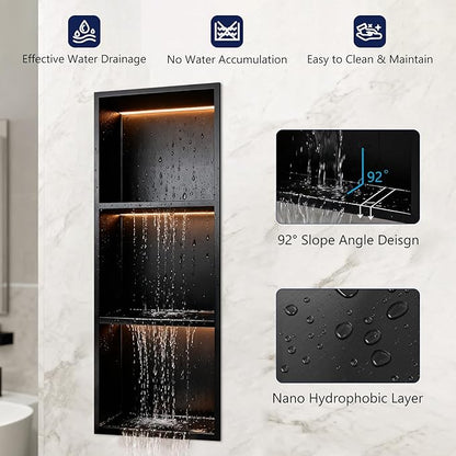 12" X 36" RGB LED Shower Niche No Tile Needed, 304 Stainless Steel Shower Niche Insert Tile Ready, Recessed Wall Shelf for Bathroom Storage Organizer with Remote Control, Matte Black