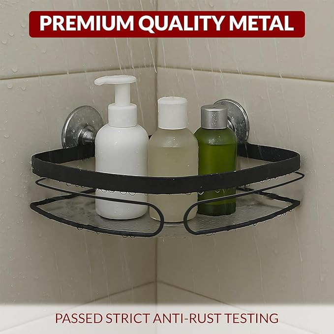 2-Pack Corner Shower Caddy – Rust-Resistant Wall-Mounted Bathroom Organizer with Included No-Drill Adhesives for Shampoo, Soap & Toiletries - Black (1-Layer, Triangle)
